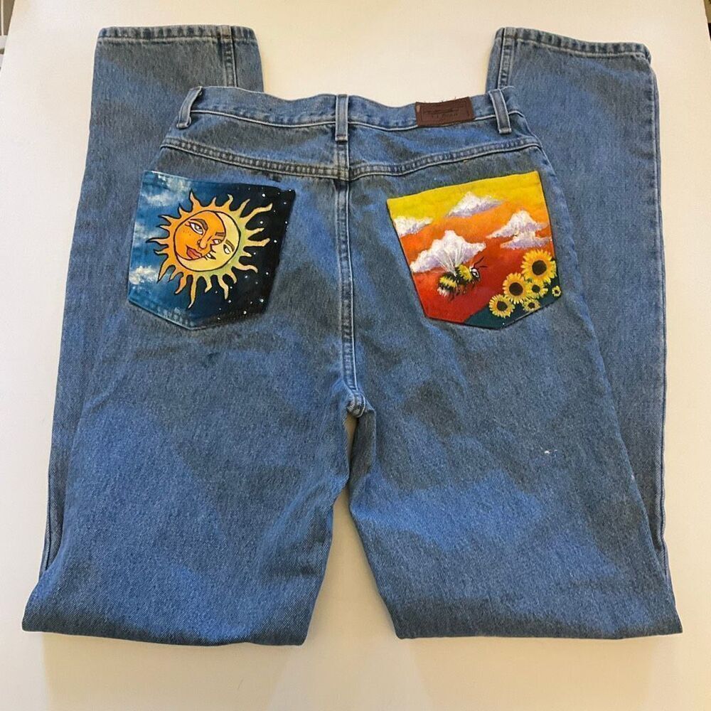 Upcycled LL Bean Straight Leg Jeans 5 Pocket, sun and bee painted on pockets! Si